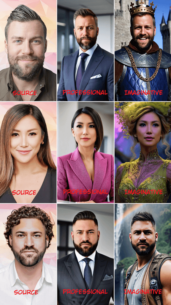 Creative AI headshot examples showing fantasy and artistic styles